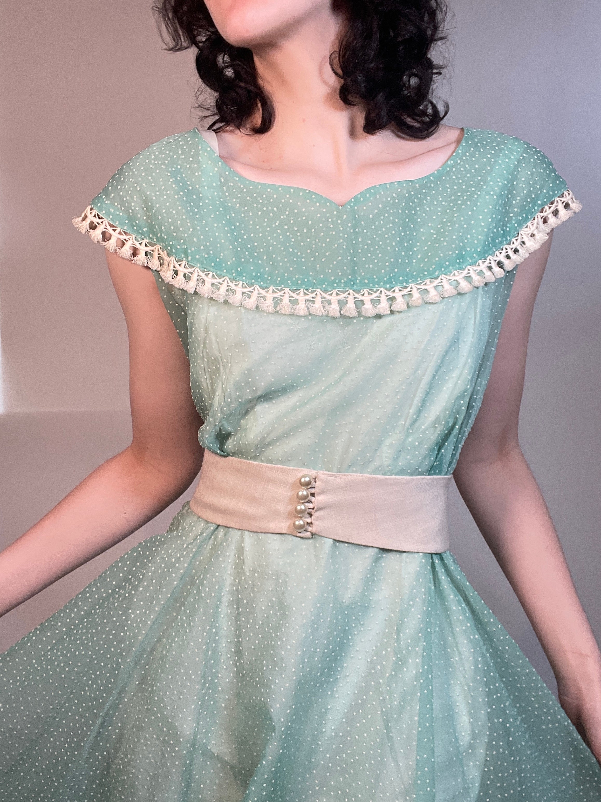 50s SHEER Dotted Swiss Fabric Green Party Dress 38"/32" 50s SHEER Dotted Swiss Fabric Green Party Dress 38"/32"