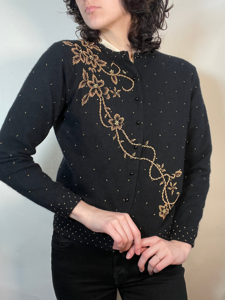 VTG 50s Beaded Cashmere Cardigan GOLD on Black – Metropolis Vintage