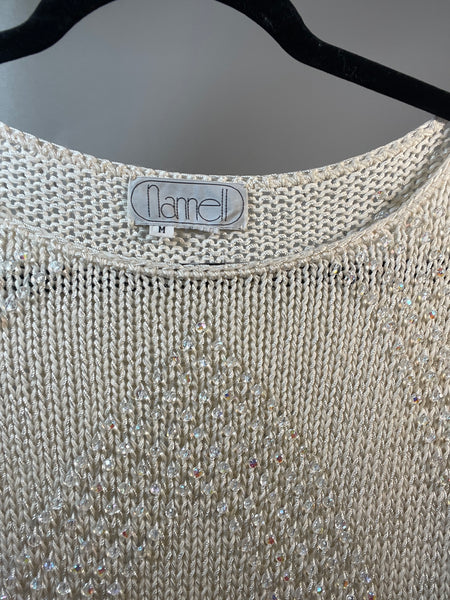 VTG 80s White Sweater W/ Clear Beads, POUF Sleeves