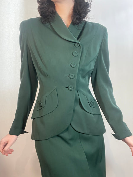 VTG 1940s GREEN GABARDINE Ladies Skirt Suit