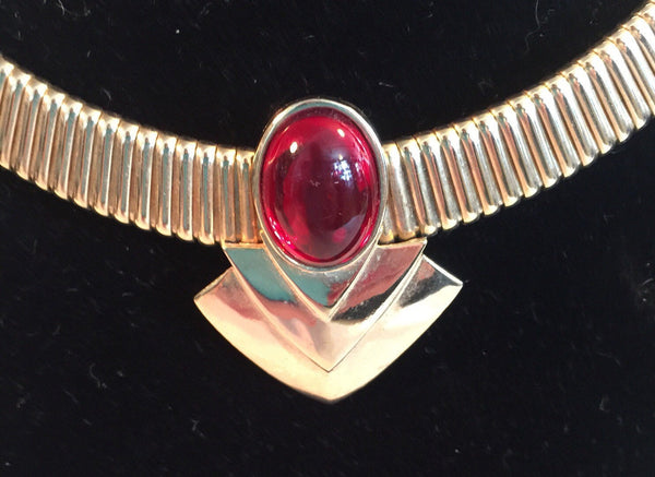 80's Gold Choker with Red Cabochon Stone