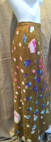 60's Linen Print Floral Skirt waist 24"