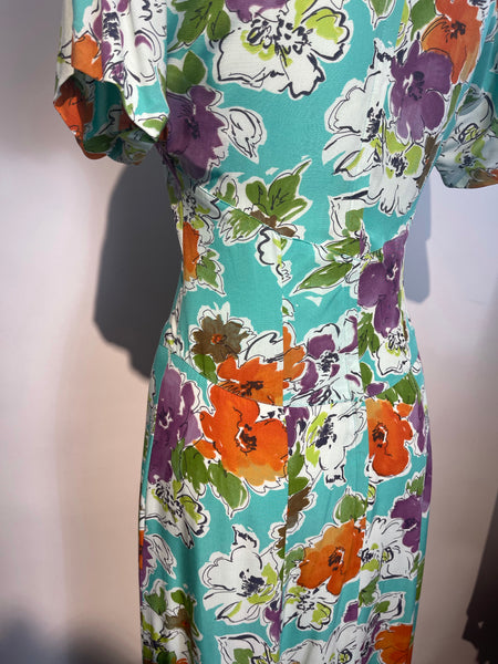 Vtg CAROLE LITTLE Rayon Print Dress 80s does 40s