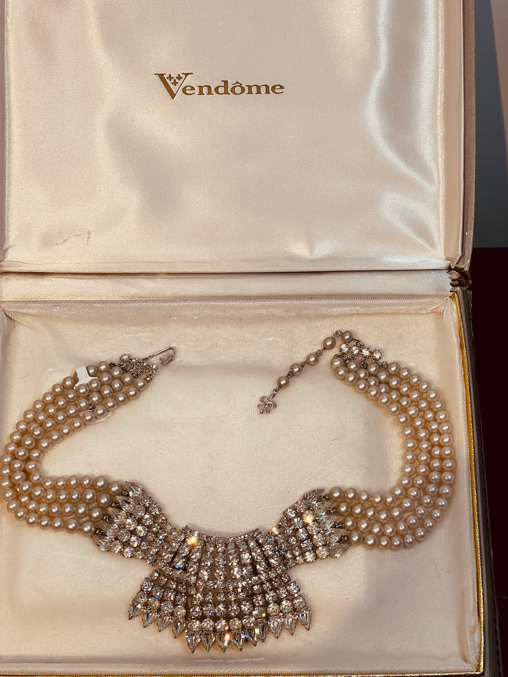 60s VENDOME Rhinestone & Pearl Statement Wedding Necklace