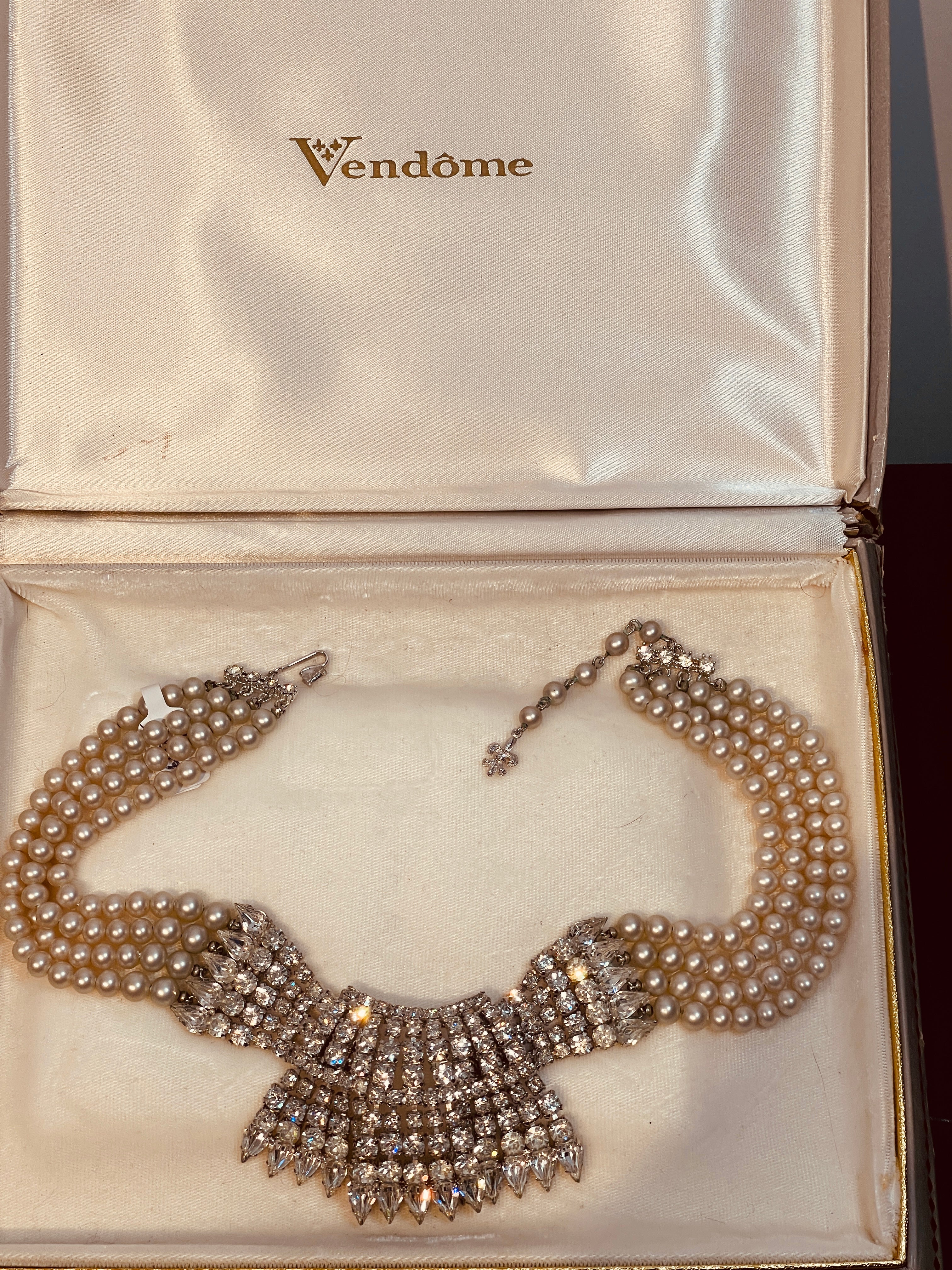 60s VENDOME Rhinestone & Pearl Statement Wedding Necklace