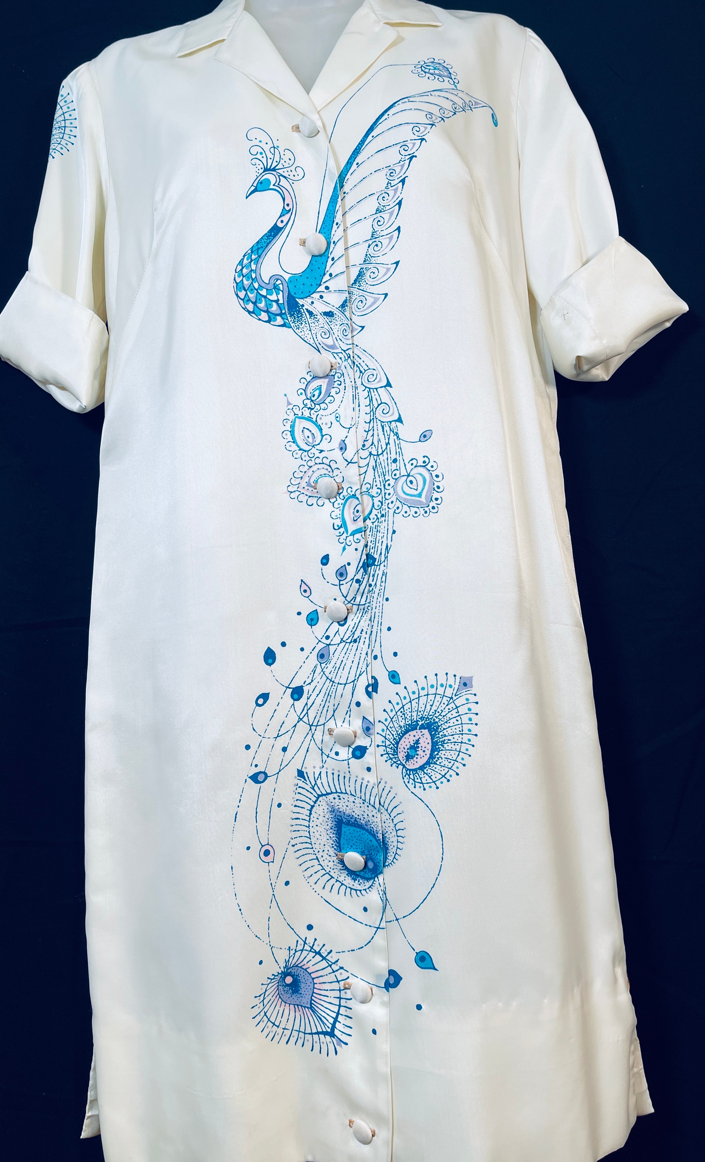 VTG 60s ALFRED SHAHEEN Shirt DRESS or Duster with Peacock