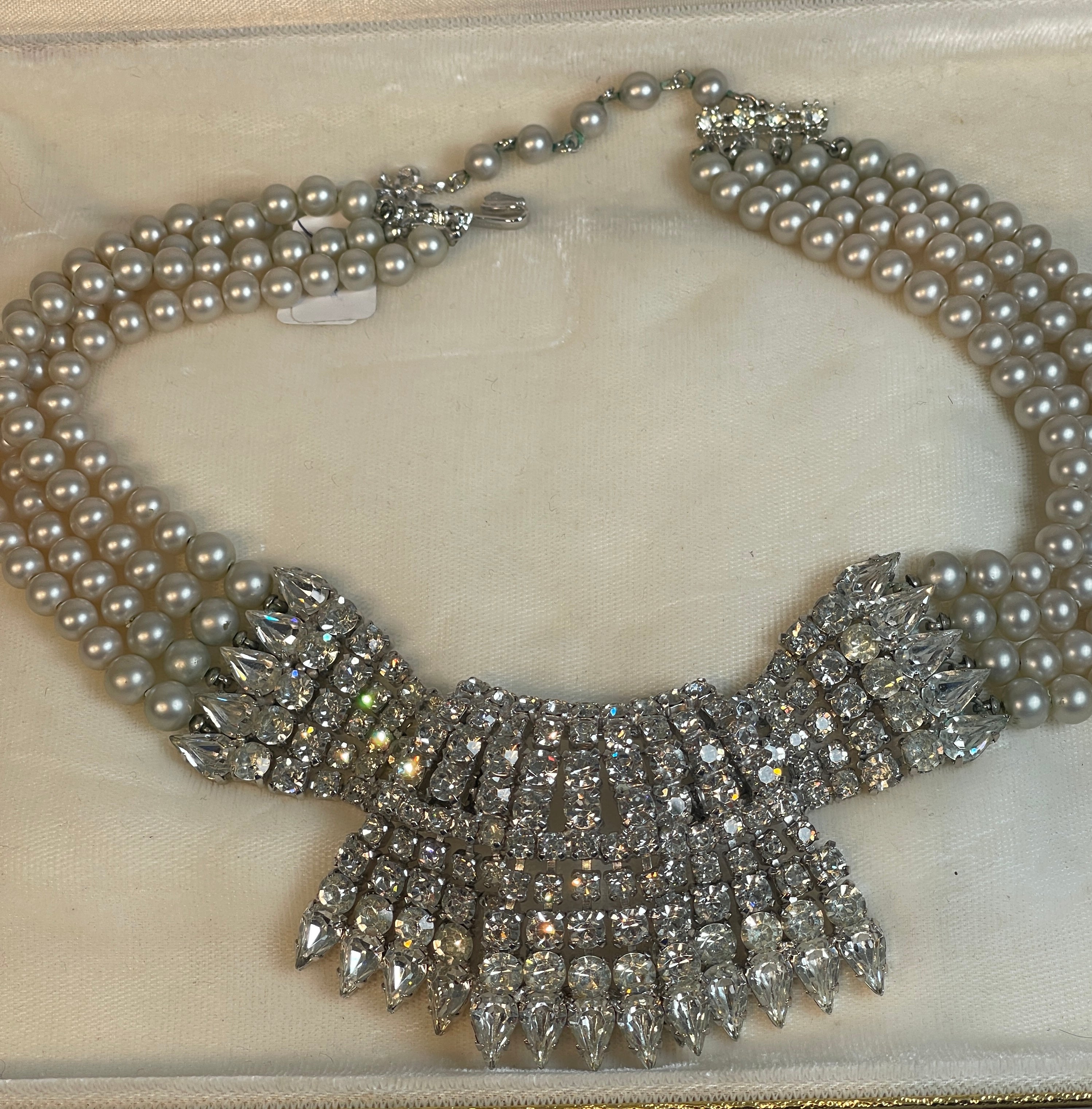 60s VENDOME Rhinestone & Pearl Statement Wedding Necklace