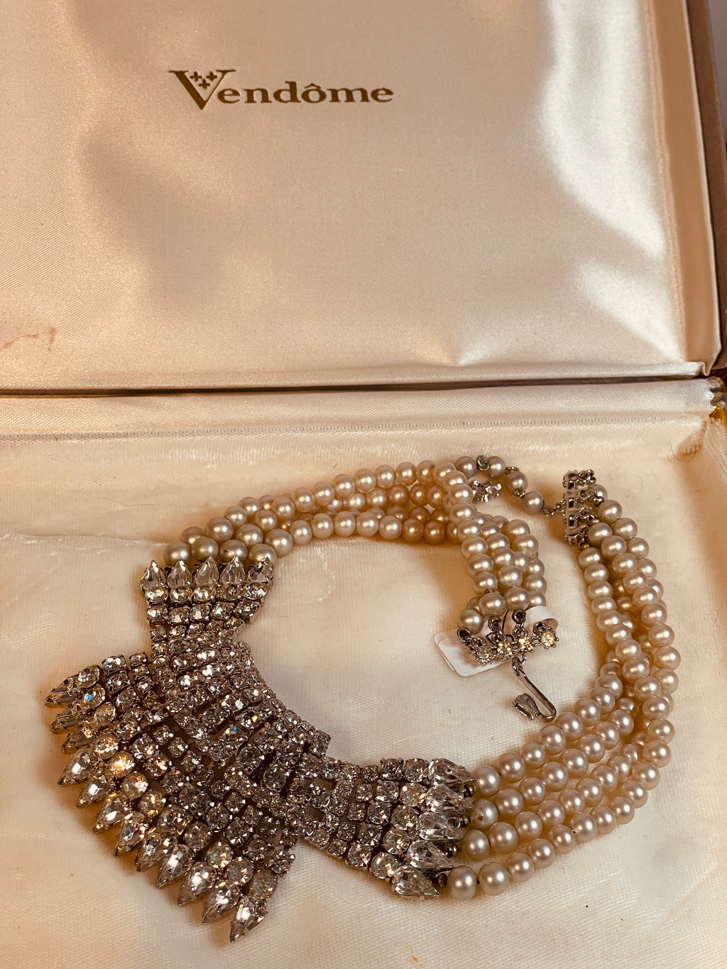60s VENDOME Rhinestone & Pearl Statement Wedding Necklace