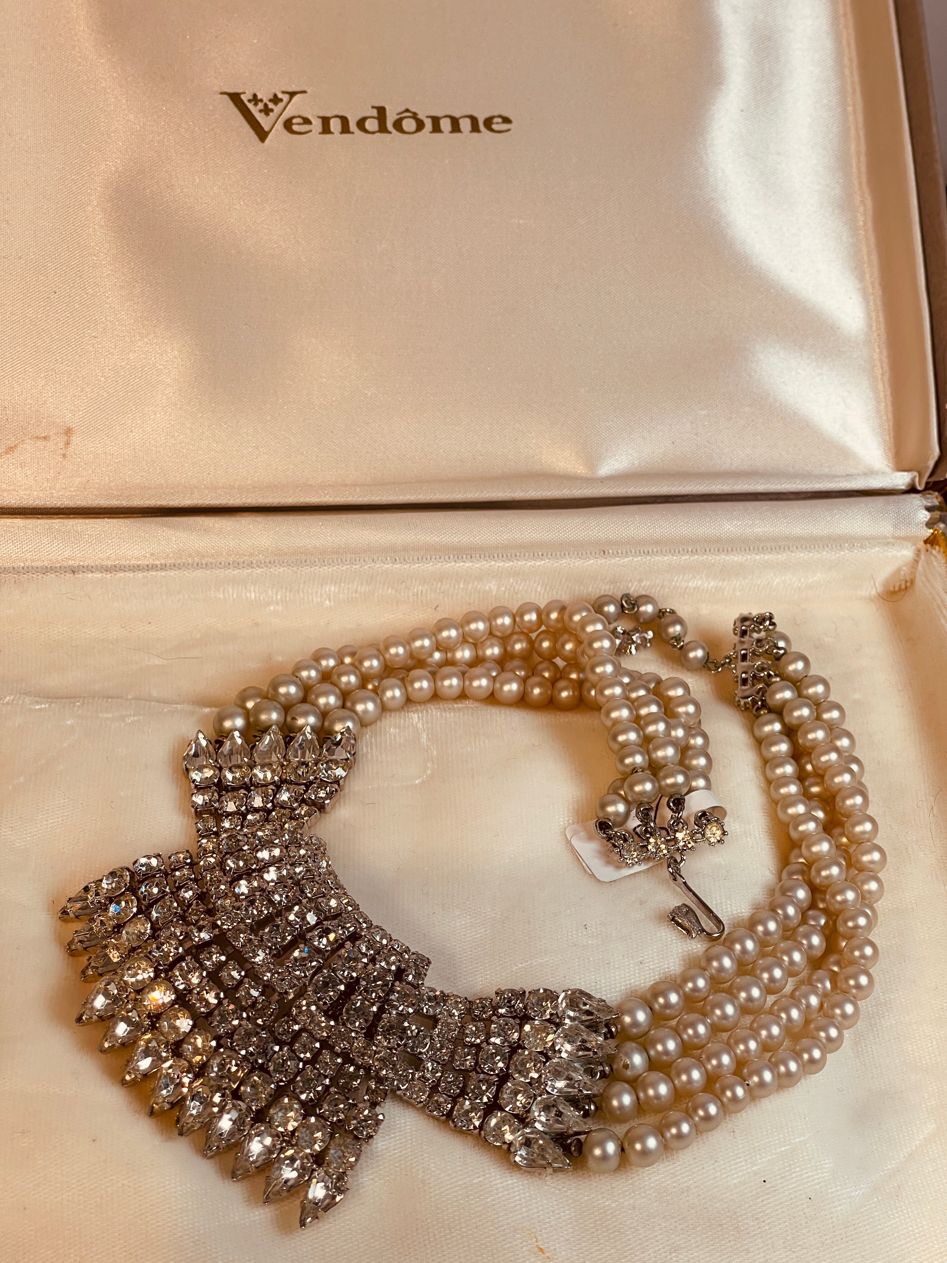 60s VENDOME Rhinestone & Pearl Statement Wedding Necklace