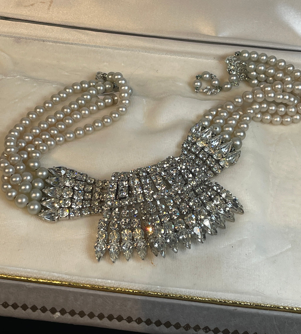 60s VENDOME Rhinestone & Pearl Statement Wedding Necklace