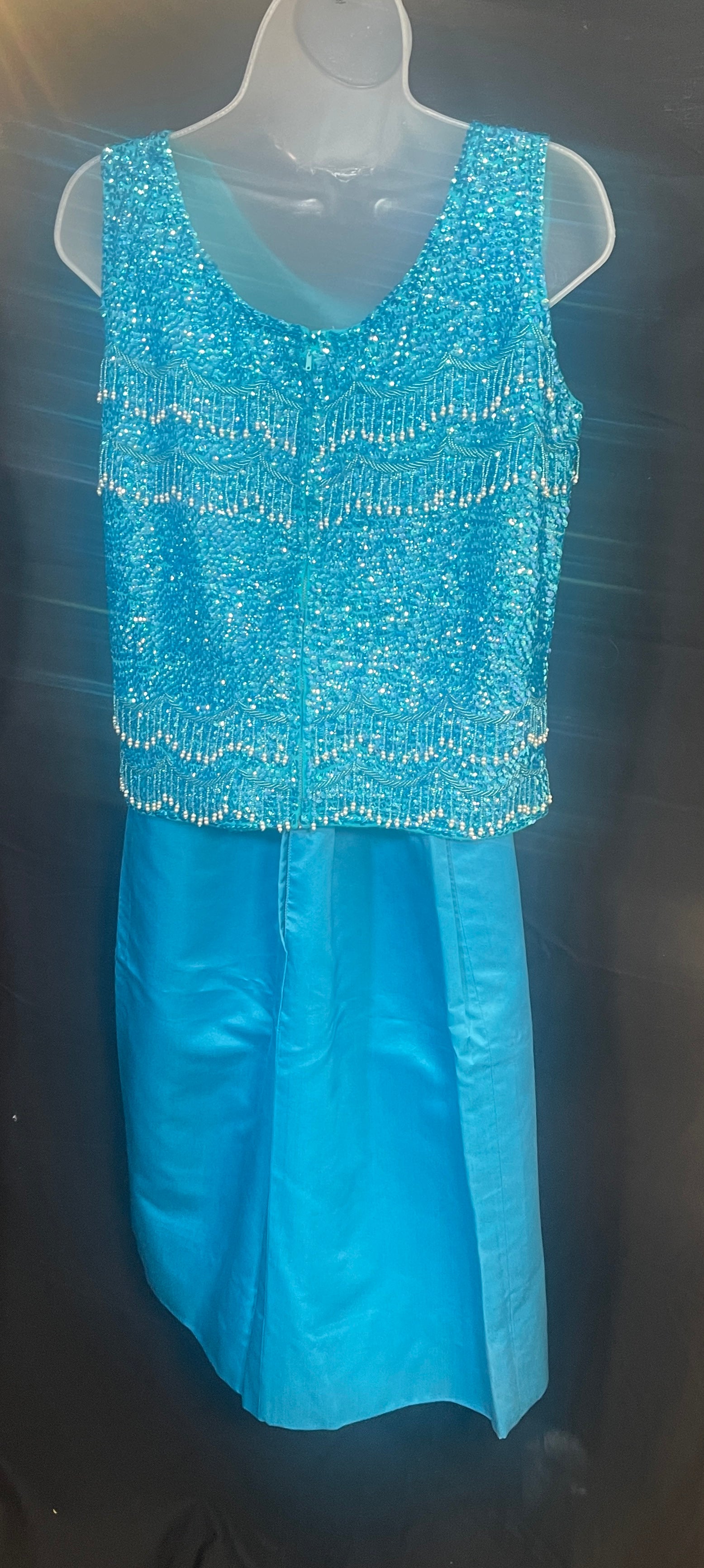 1960s Two Piece TURQUOISE Beaded Tank & Matching SKIRT