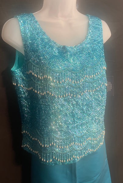 1960s Two Piece TURQUOISE Beaded Tank & Matching SKIRT