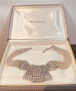 60s VENDOME Rhinestone & Pearl Statement Wedding Necklace
