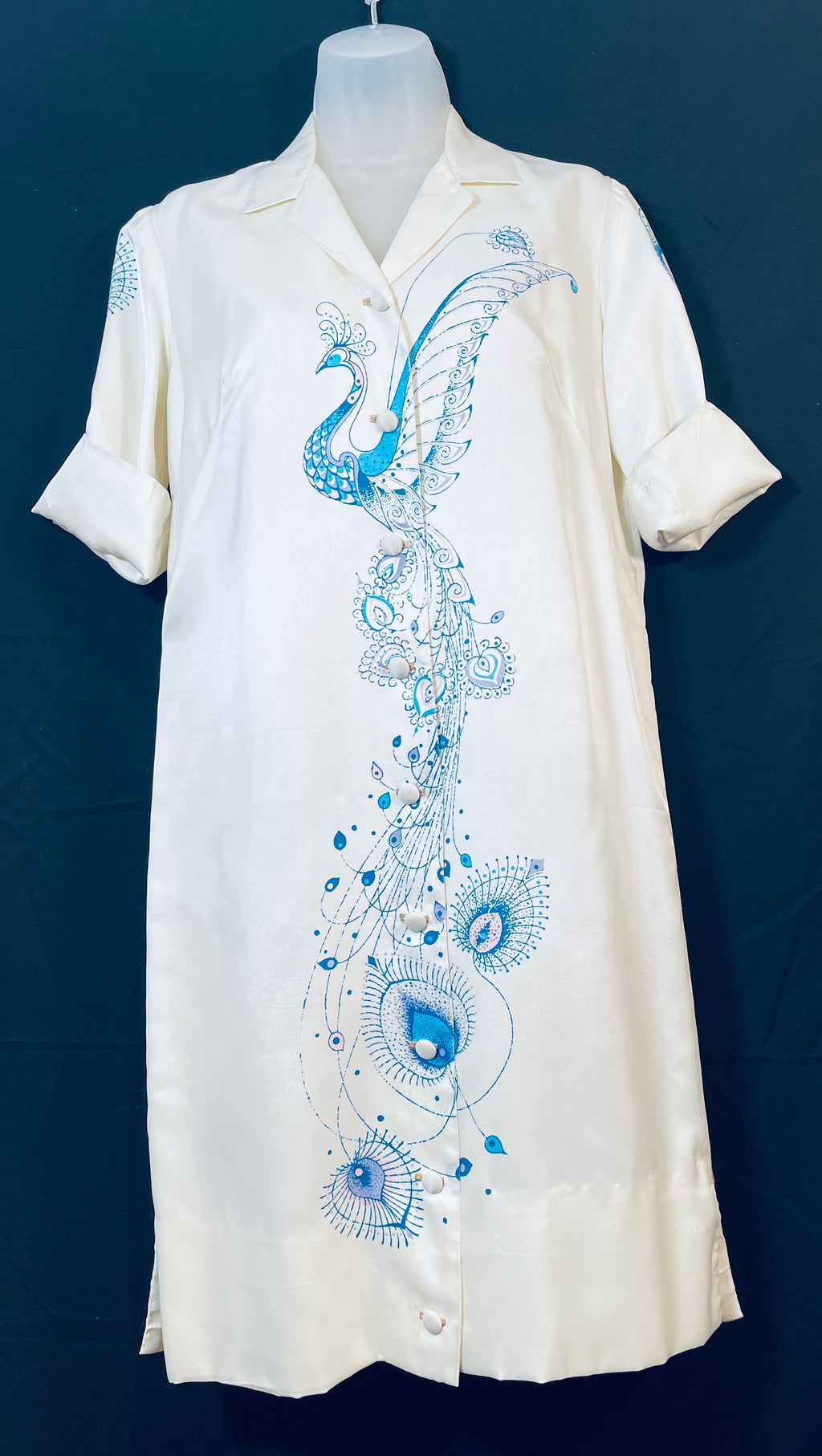 VTG 60s ALFRED SHAHEEN Shirt DRESS or Duster with Peacock