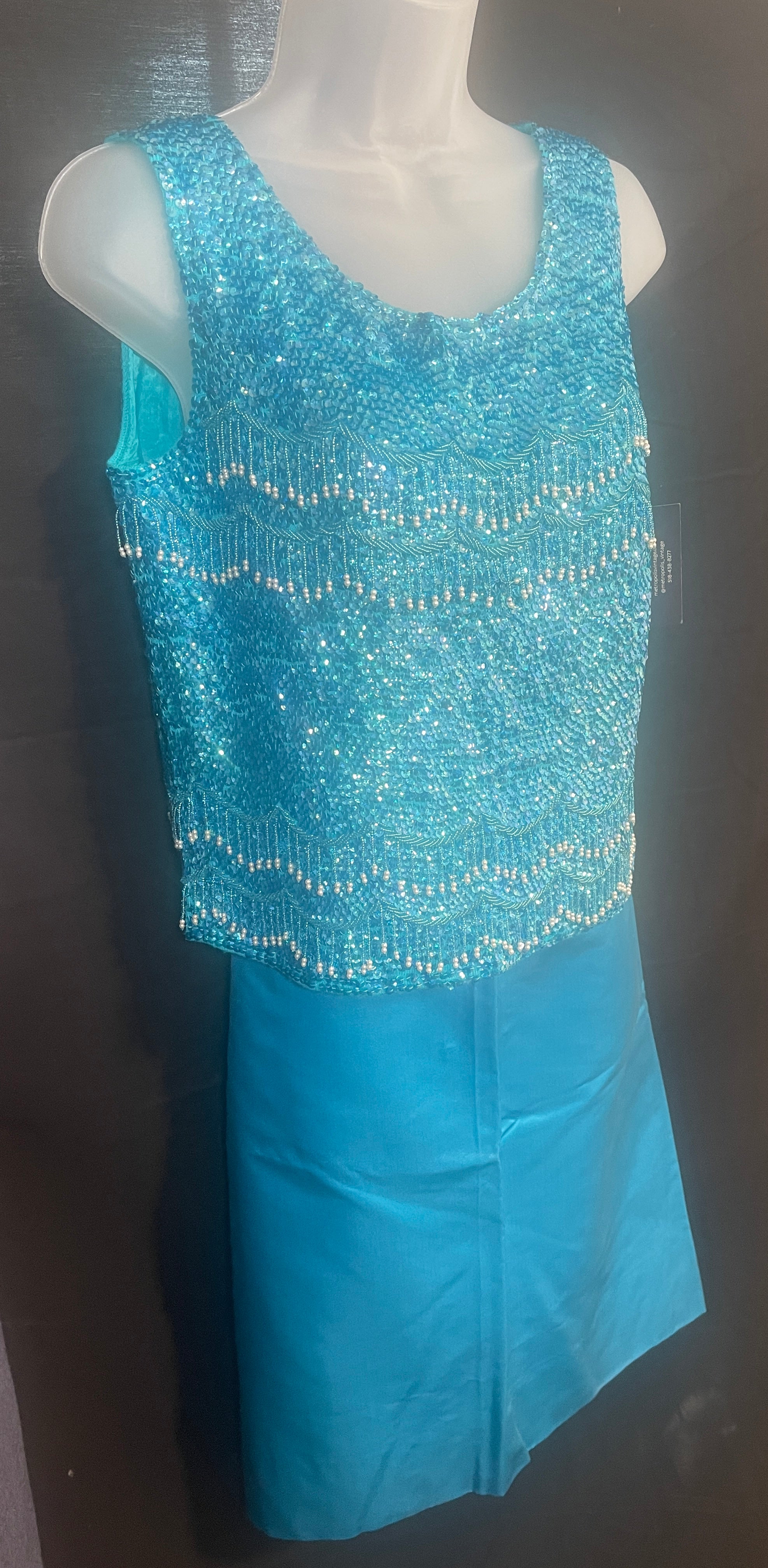 1960s Two Piece TURQUOISE Beaded Tank & Matching SKIRT