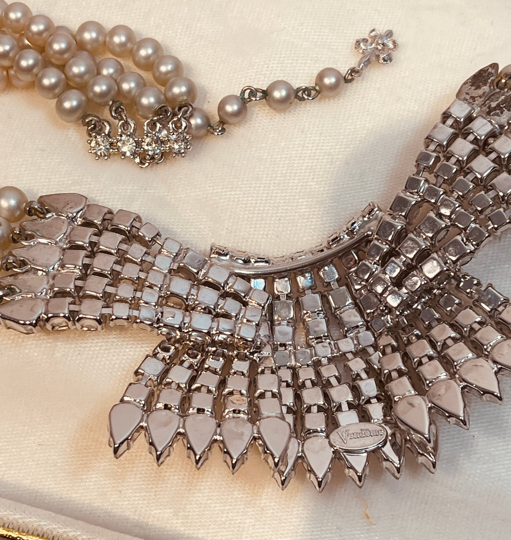 60s VENDOME Rhinestone & Pearl Statement Wedding Necklace