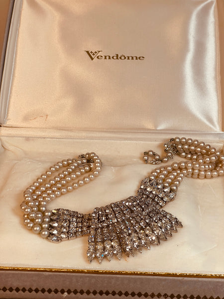 60s VENDOME Rhinestone & Pearl Statement Wedding Necklace