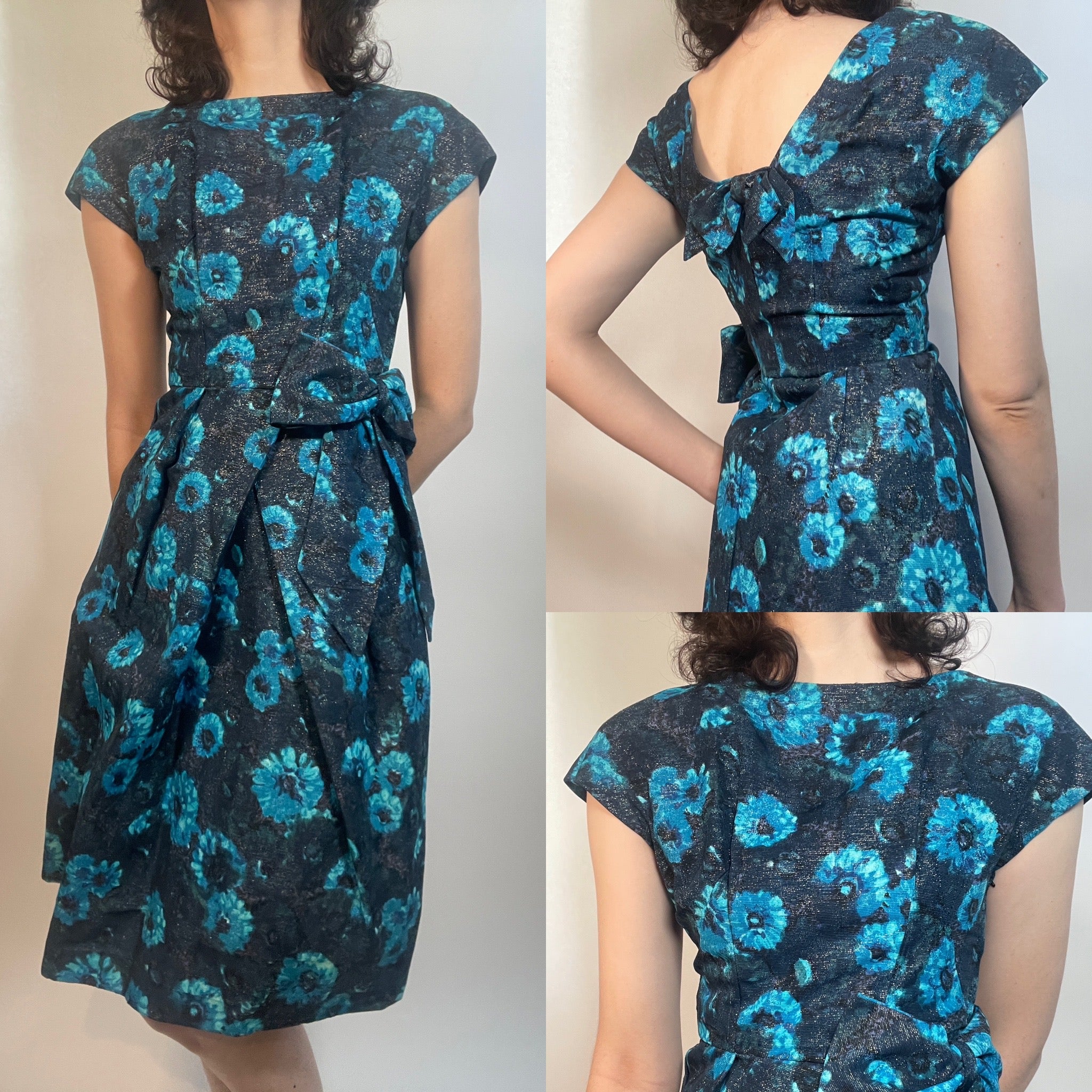 VTG 60s Turquoise & Blue/Black Brocade Dress Fancy