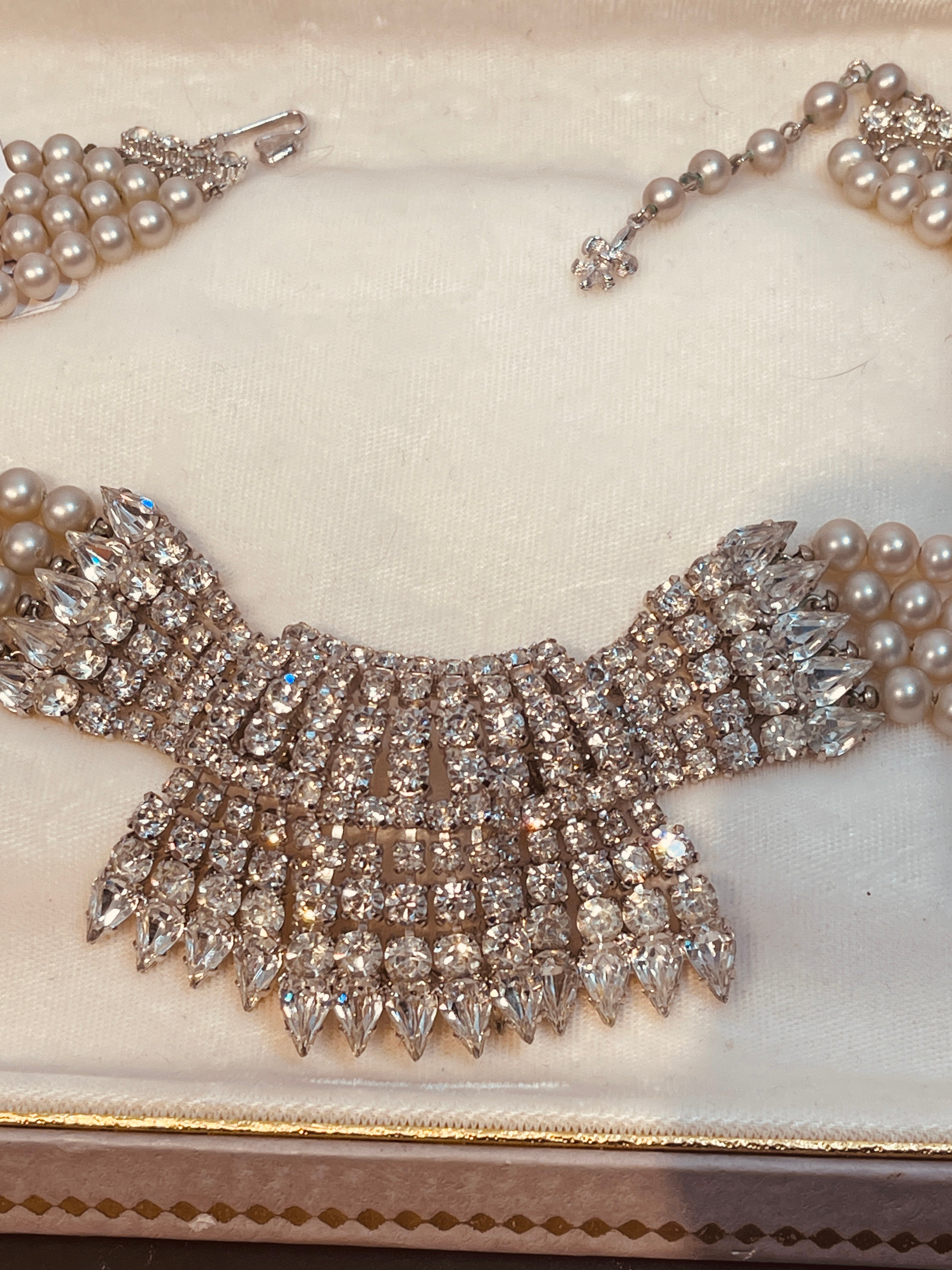60s VENDOME Rhinestone & Pearl Statement Wedding Necklace