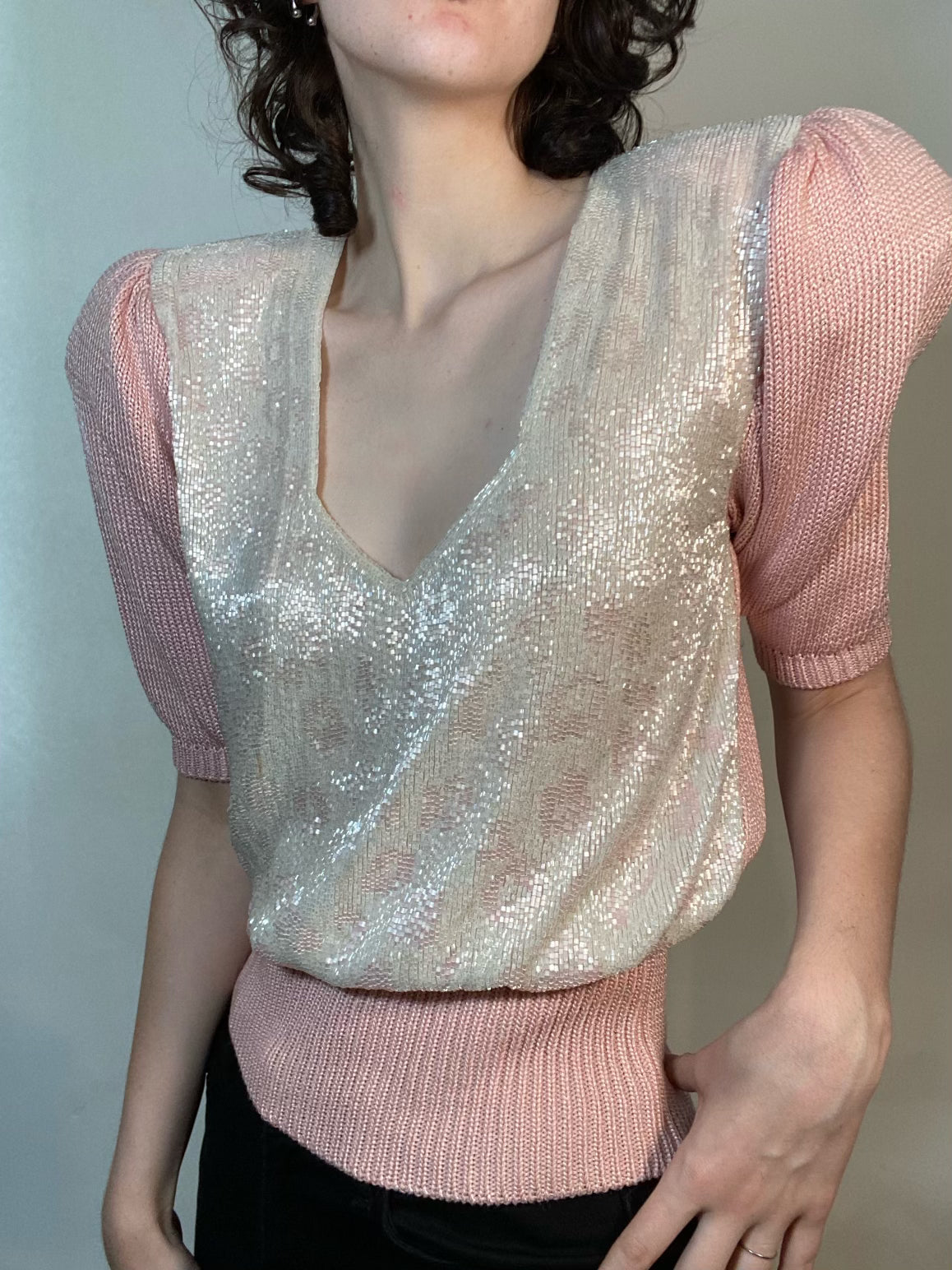 VTG 80s Beaded Pink Sweater Pouf sleeves