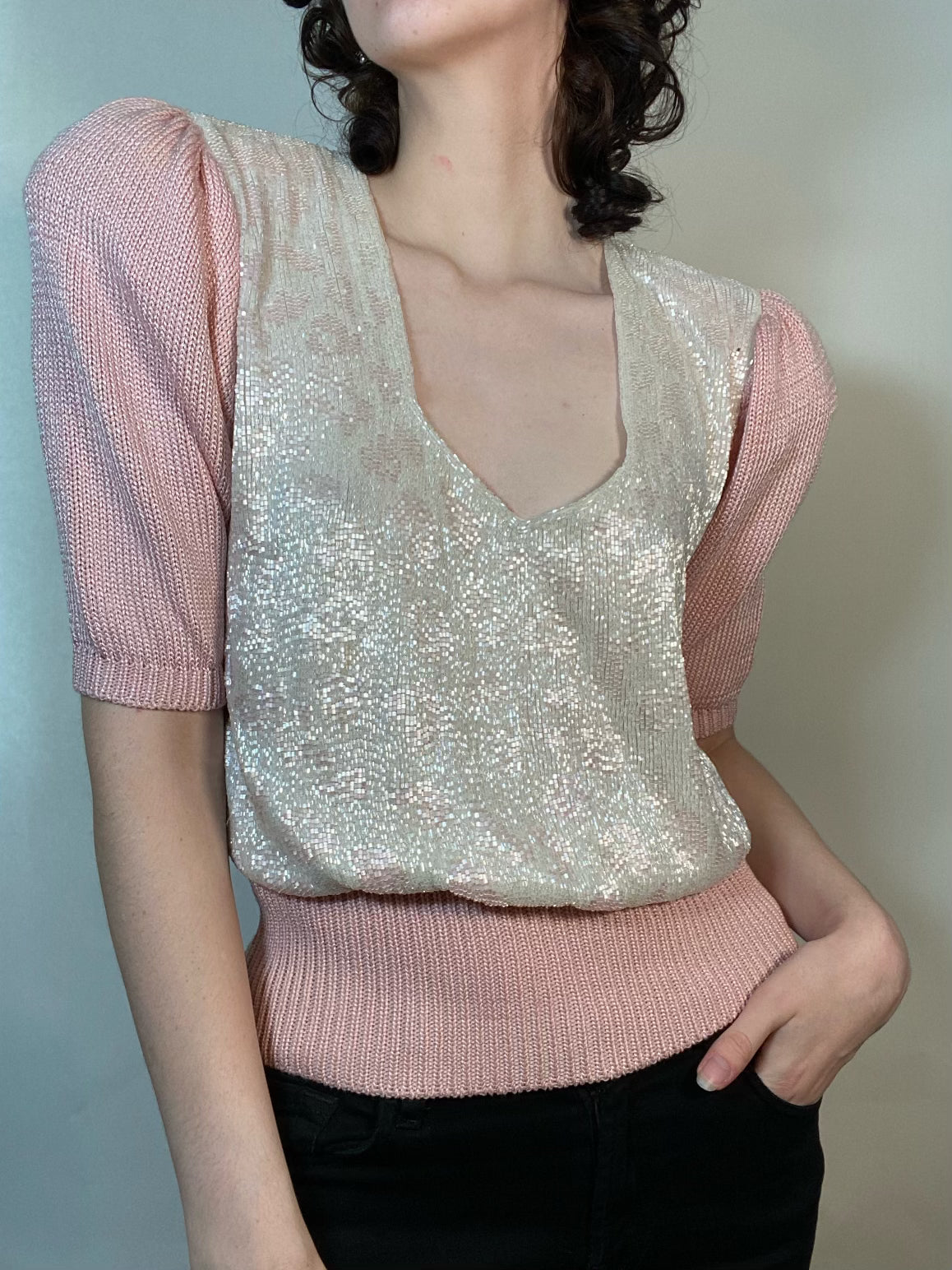 VTG 80s Beaded Pink Sweater Pouf sleeves