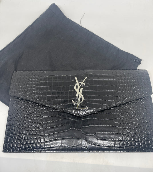 YSL Pouch Med. Croc Print Black Leather AUTHENTIC Saint Laurent