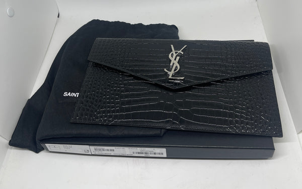 YSL Pouch Med. Croc Print Black Leather AUTHENTIC Saint Laurent