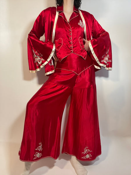 1930s VINTAGE DRAGON EMBROIDERY RED SILK 3pc. Lounging Pajama Set