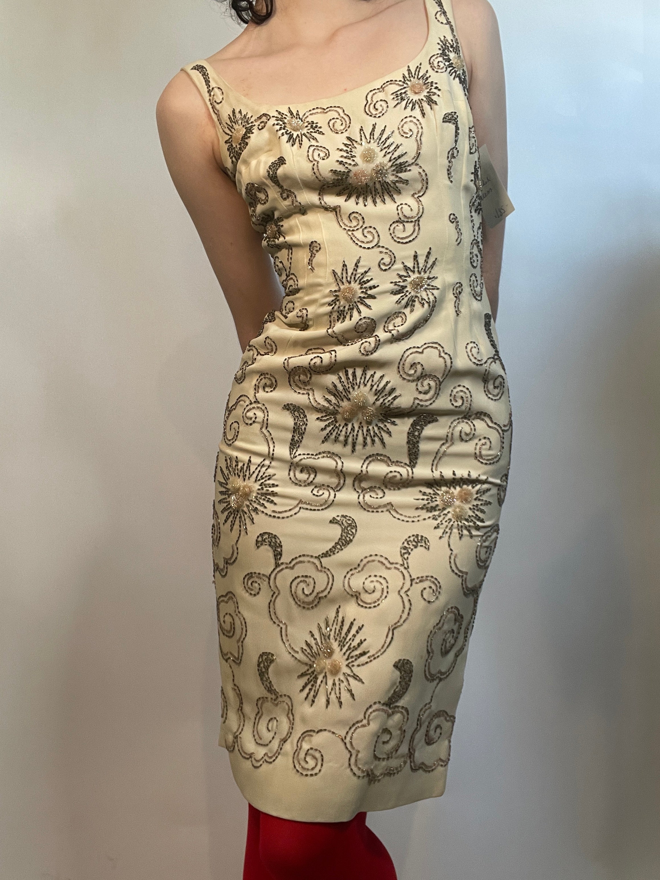 60s Vintage Beaded Sheath Fitted Dress B 34"/W 25"/ H 36" Metropolis Vintage 60s Vintage Beaded Sheath Fitted Dress B 34"/W 25"/ H 36" Metropolis Vintage