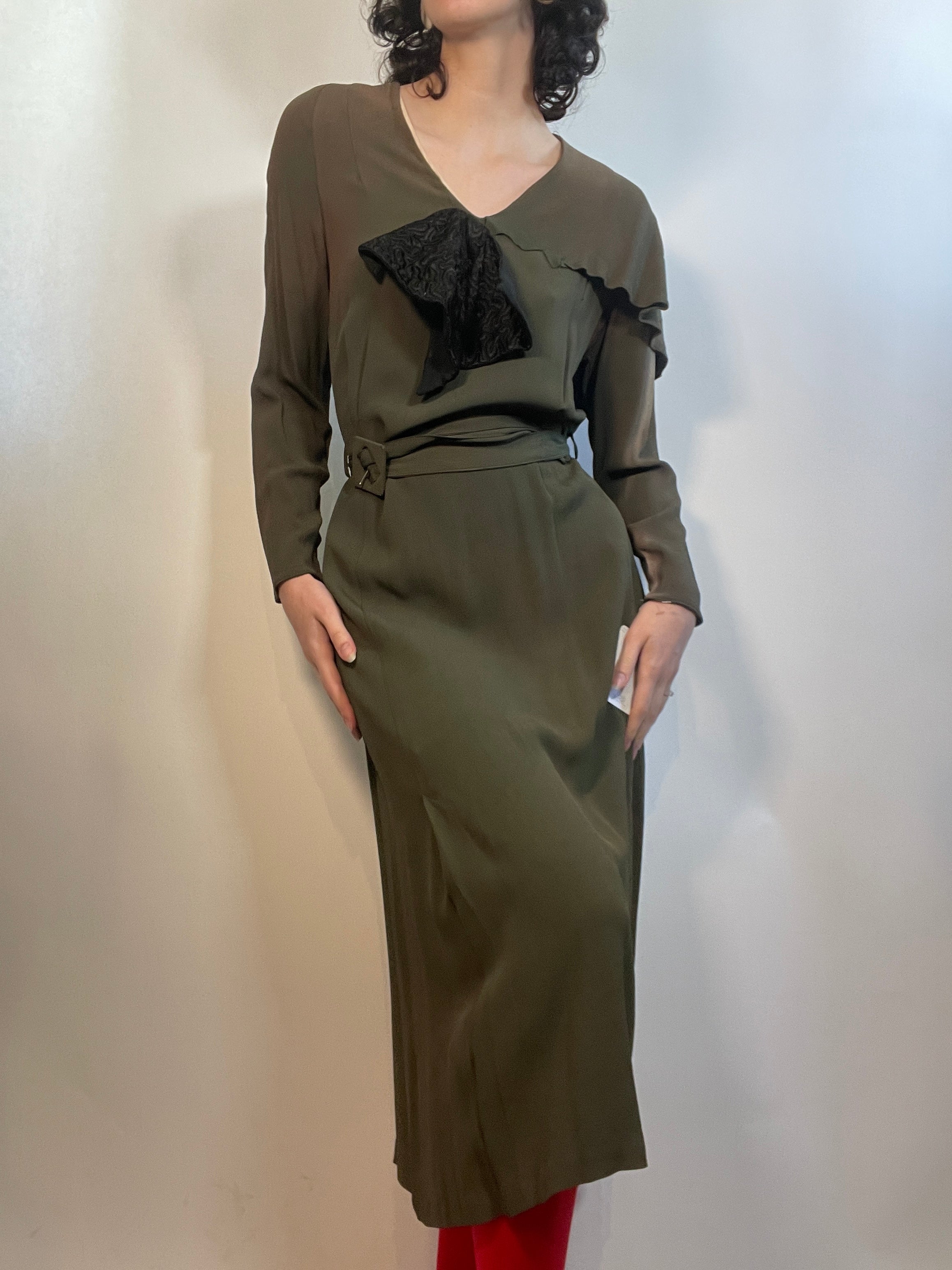 1930s Green Crepe w/Belt, Faded, AS IS 1930s Green Crepe w/Belt, Faded, AS IS
