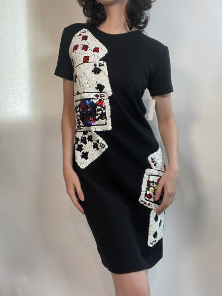 Vtg 90s Dress w/ SEQUINED PLAYING CARDS / Party/ Casino/ Last Vegas/FUN!