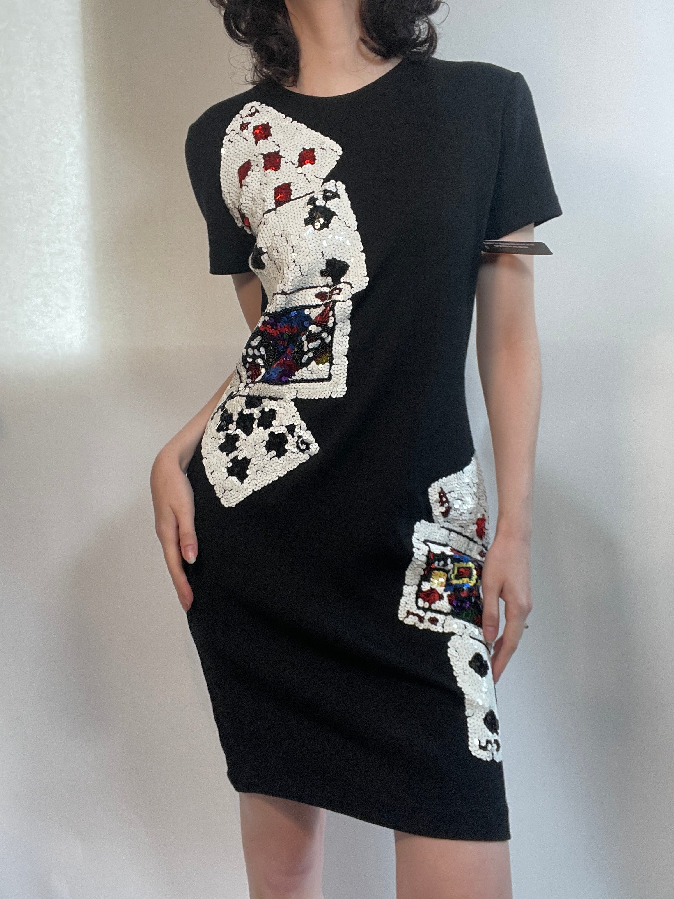 Vtg 90s Dress w/ SEQUINED PLAYING CARDS / Party/ Casino/ Last Vegas/FUN!