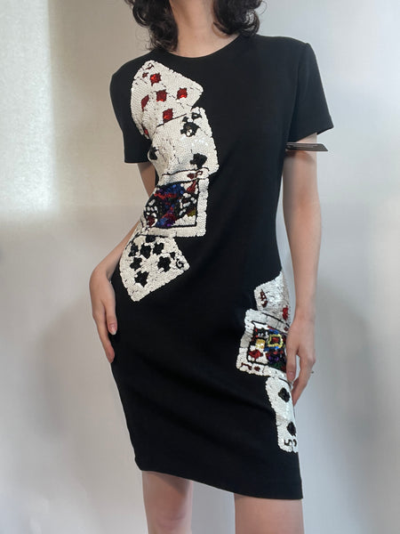 Vtg 90s Dress w/ SEQUINED PLAYING CARDS / Party/ Casino/ Last Vegas/FUN!