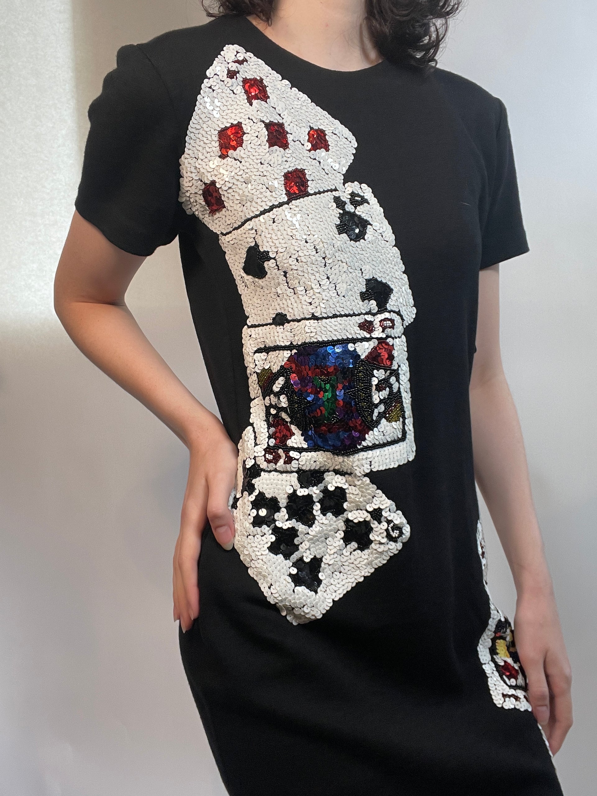 playing card dress fashion brand company Vtg 90s Dress w/ SEQUINED PLAYING CARDS / Party/ Casino/ Last Vegas/FUN!