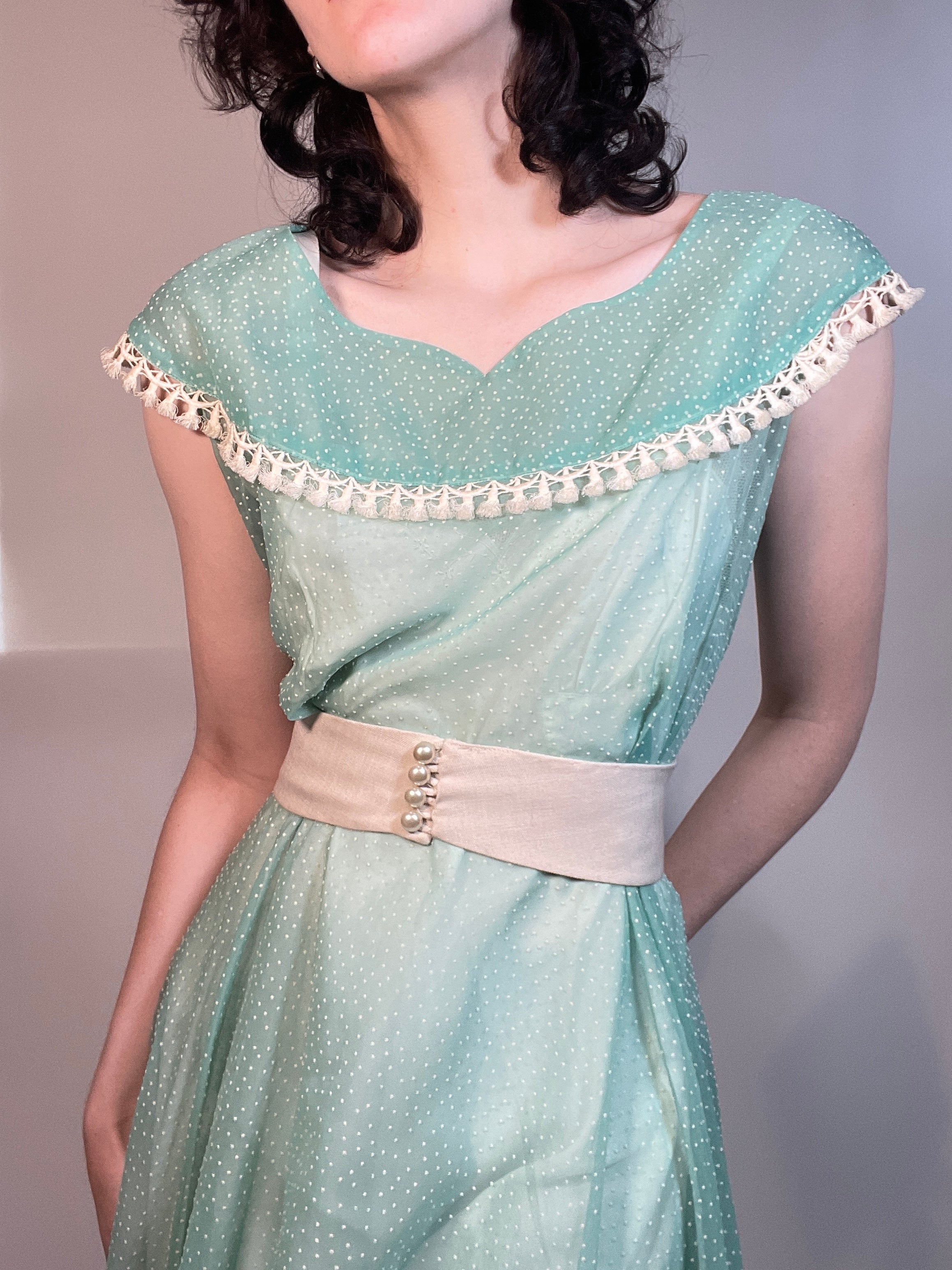 50s SHEER Dotted Swiss Fabric Green Party Dress 38 50s SHEER Dotted Swiss Fabric Green Party Dress 38