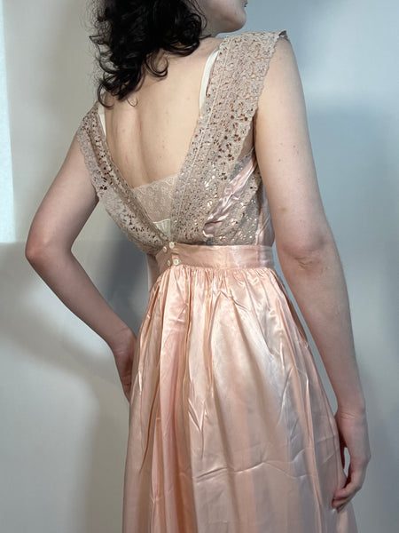 1940s Pink Rayon Satin and Lace Slip Dress