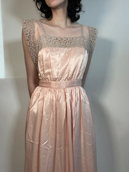 1940s Pink Rayon Satin and Lace Slip Dress