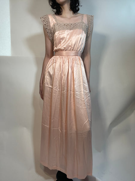 1940s Pink Rayon Satin and Lace Slip Dress