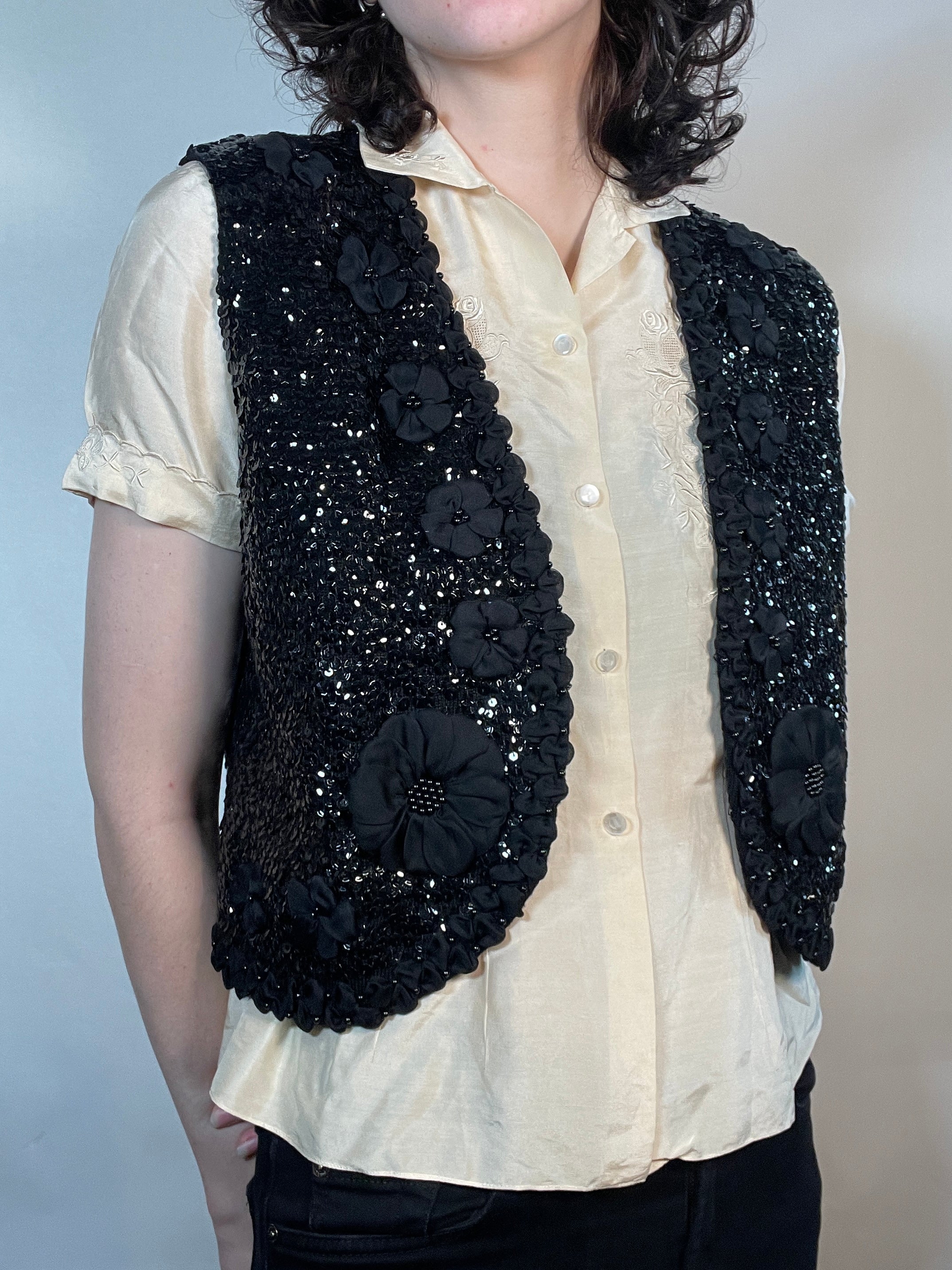 VTG 70s  Black Sequined Vest
