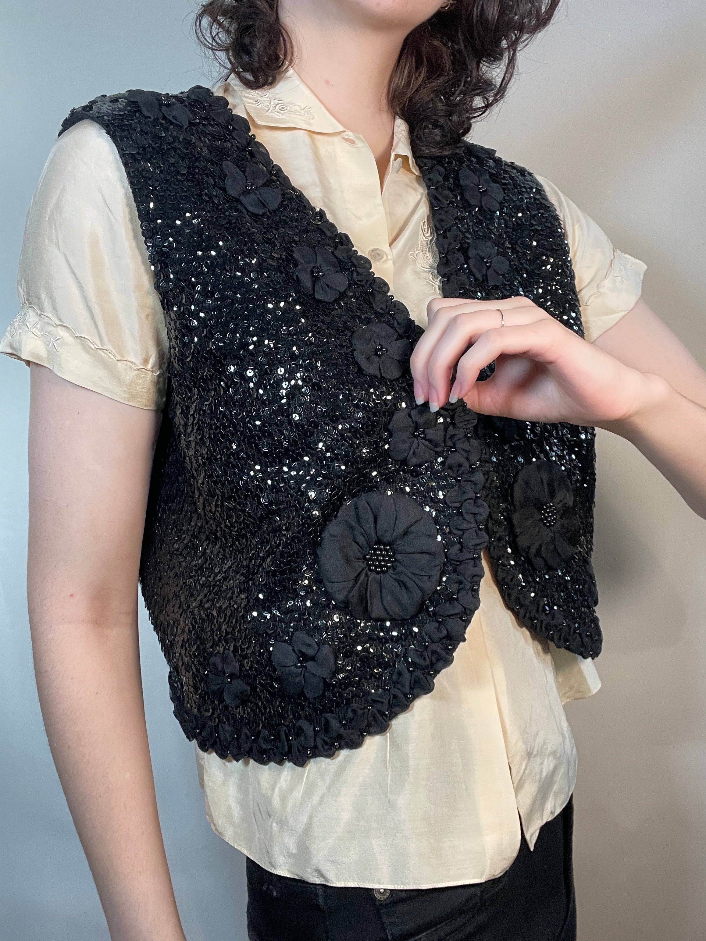 VTG 70s  Black Sequined Vest