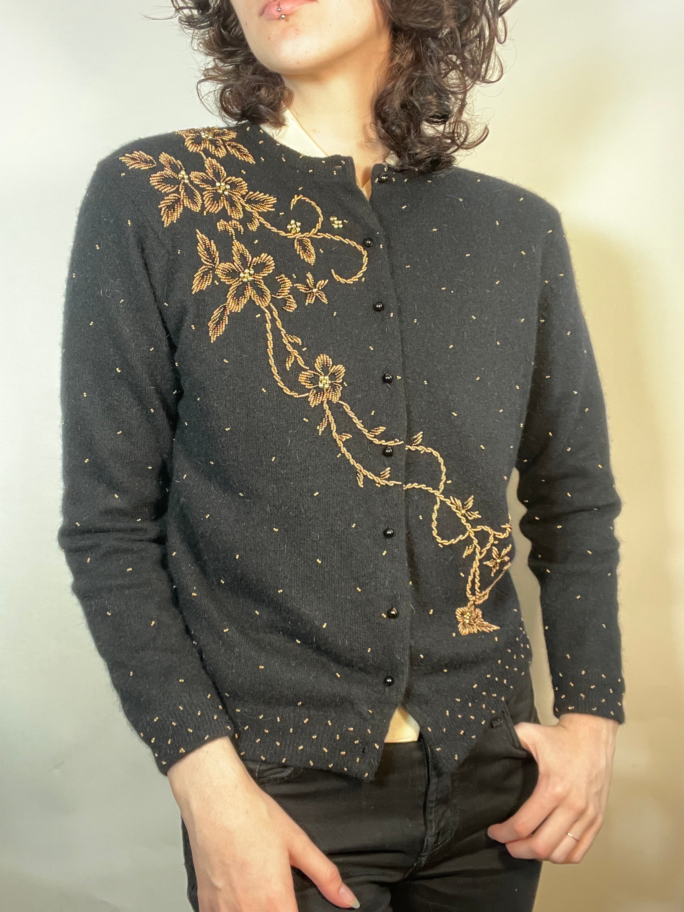 VTG 50s Beaded Cashmere Cardigan GOLD on Black