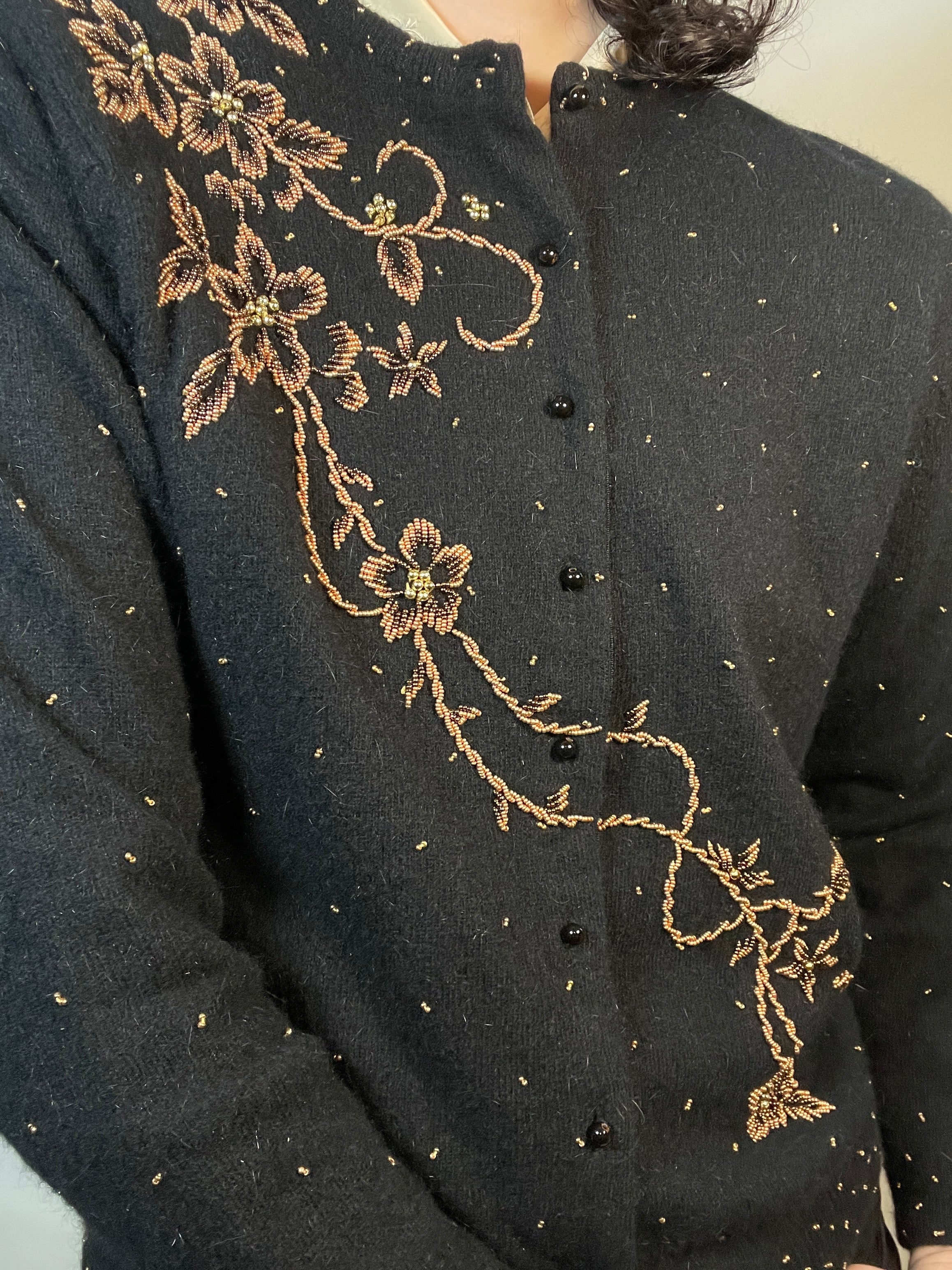 VTG 50s Beaded Cashmere Cardigan GOLD on Black