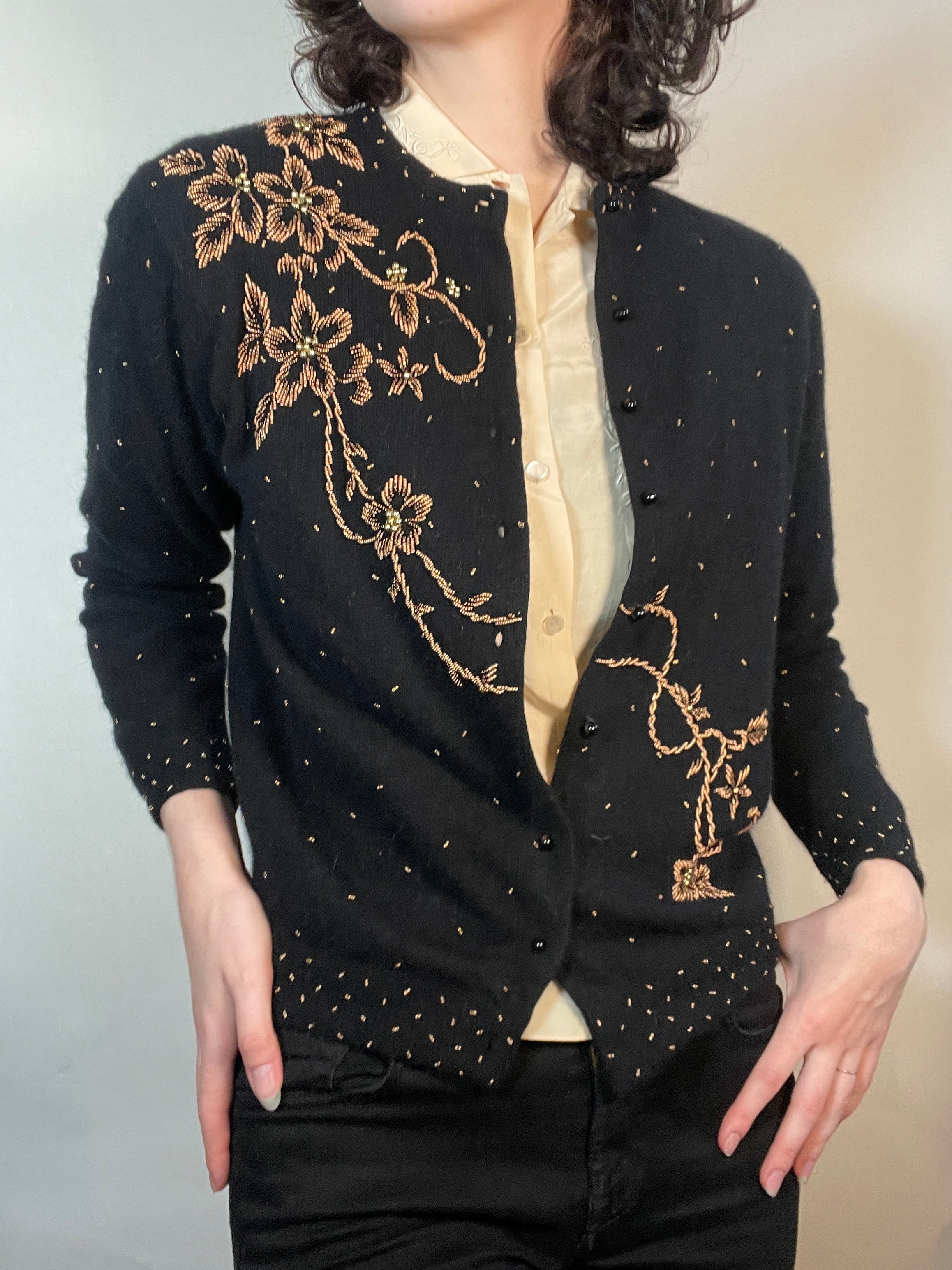 VTG 50s Beaded Cashmere Cardigan GOLD on Black