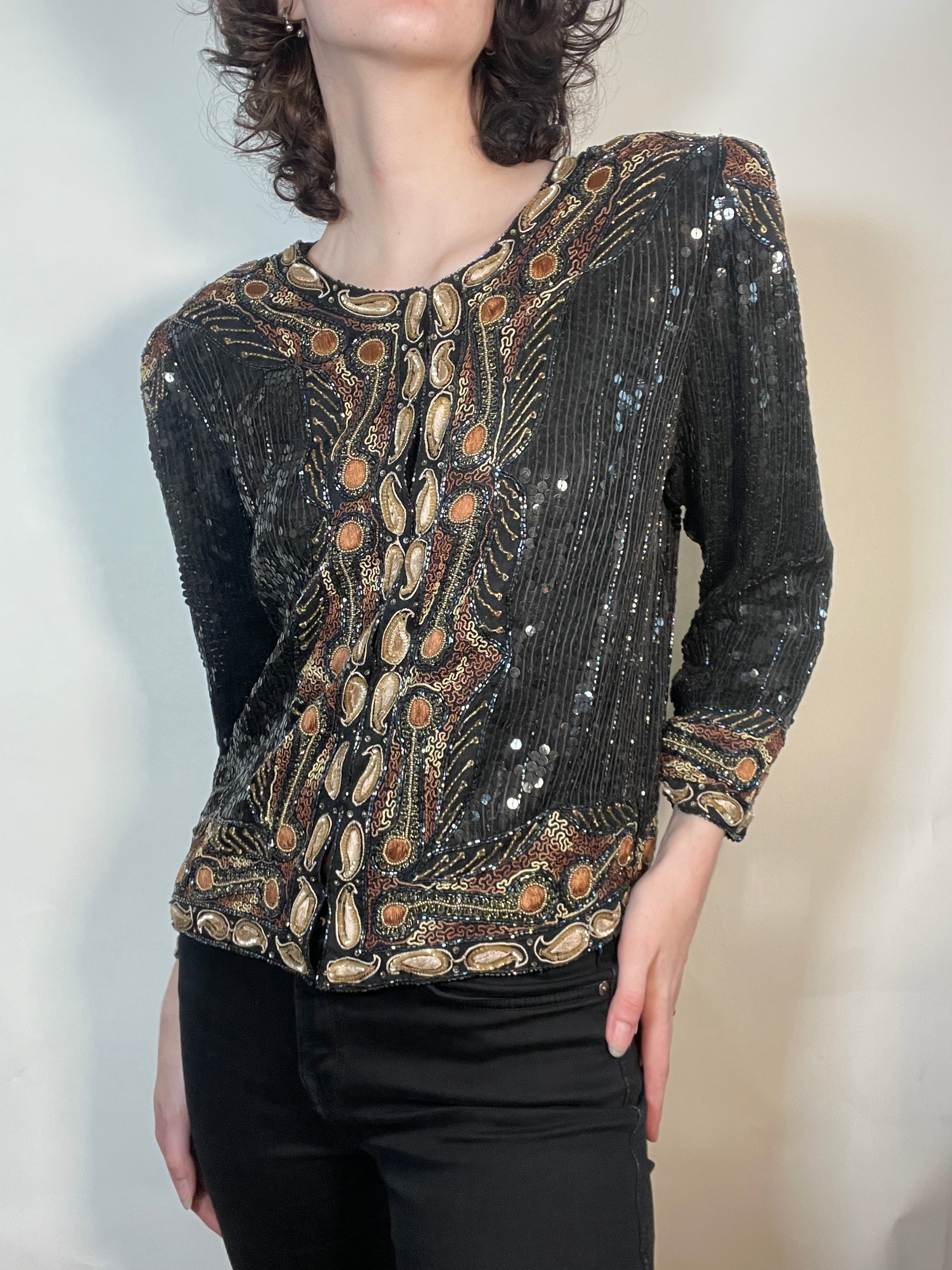 VTG 80s Beaded & Embroidered SILK Jacket Blouse
