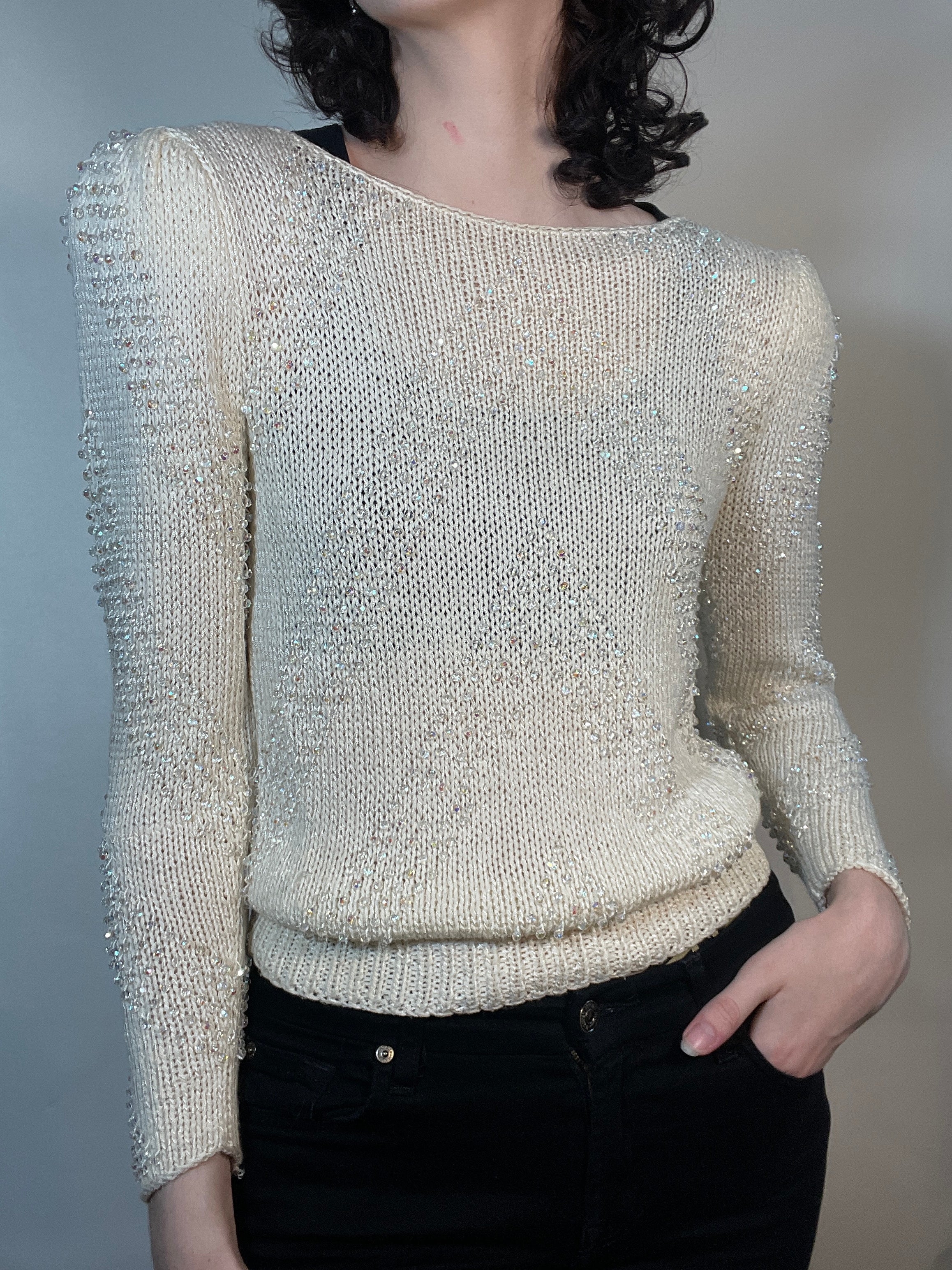 VTG 80s White Sweater W/ Clear Beads, POUF Sleeves
