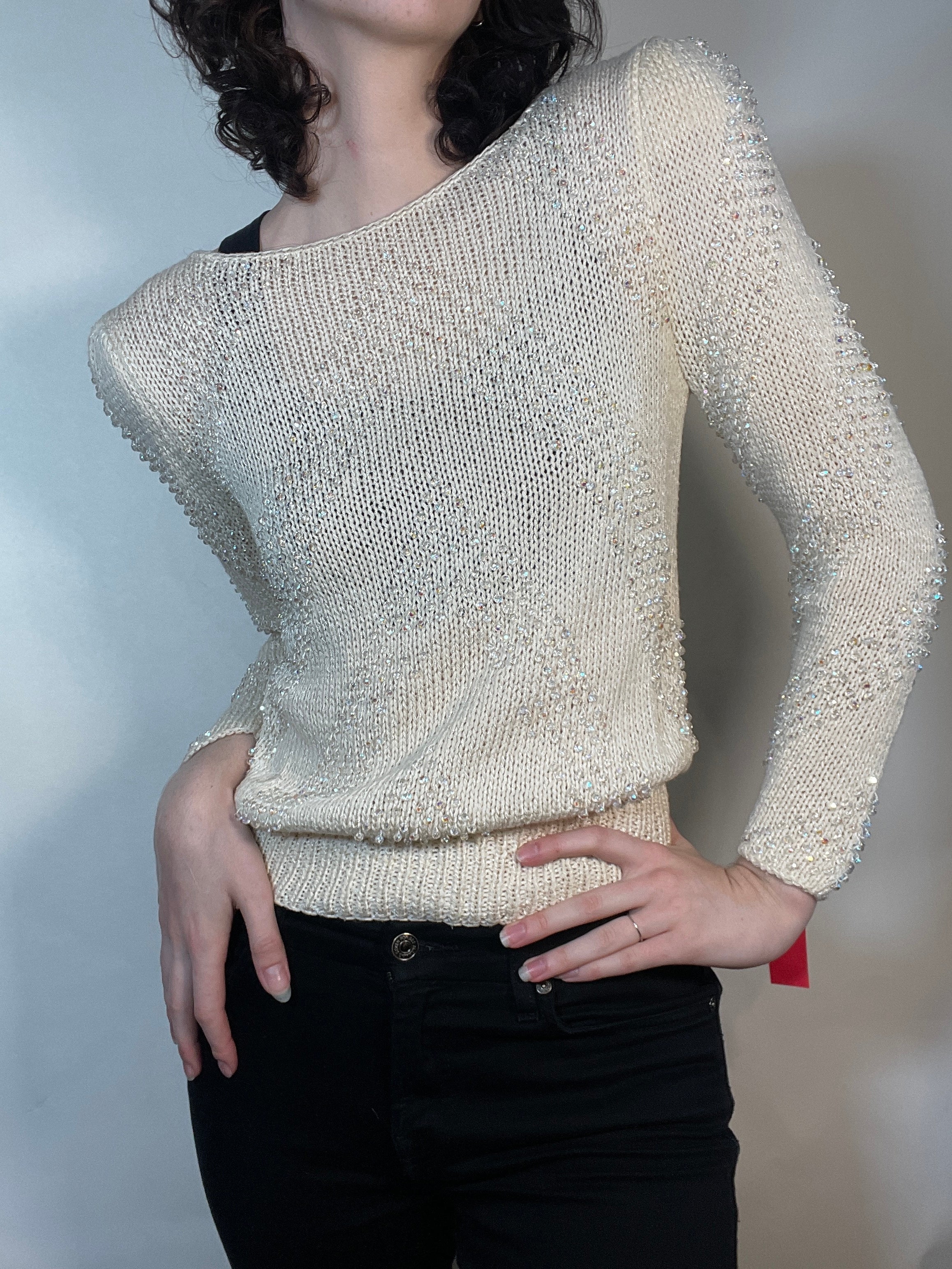 VTG 80s White Sweater W/ Clear Beads, POUF Sleeves