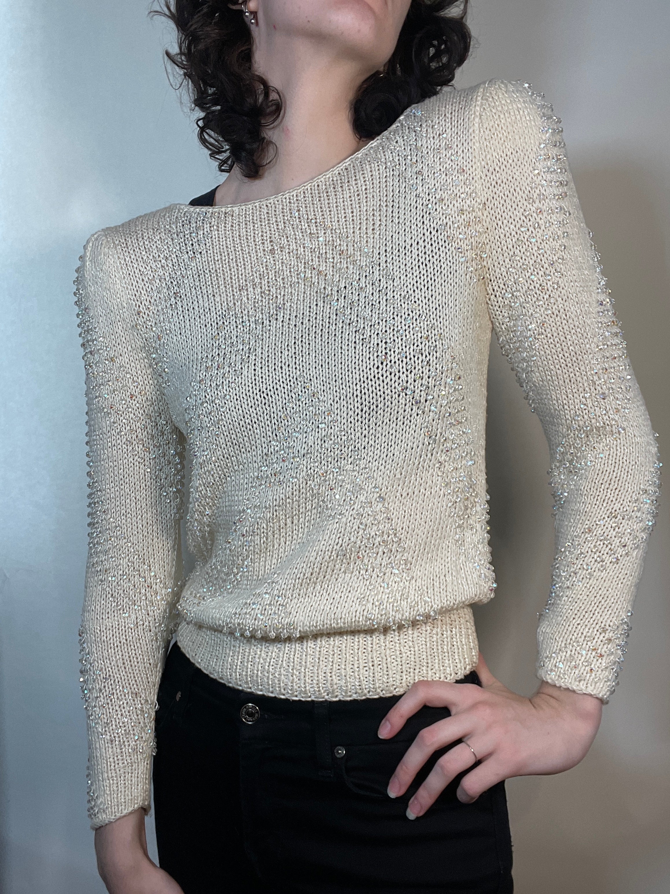 VTG 80s White Sweater W/ Clear Beads, POUF Sleeves