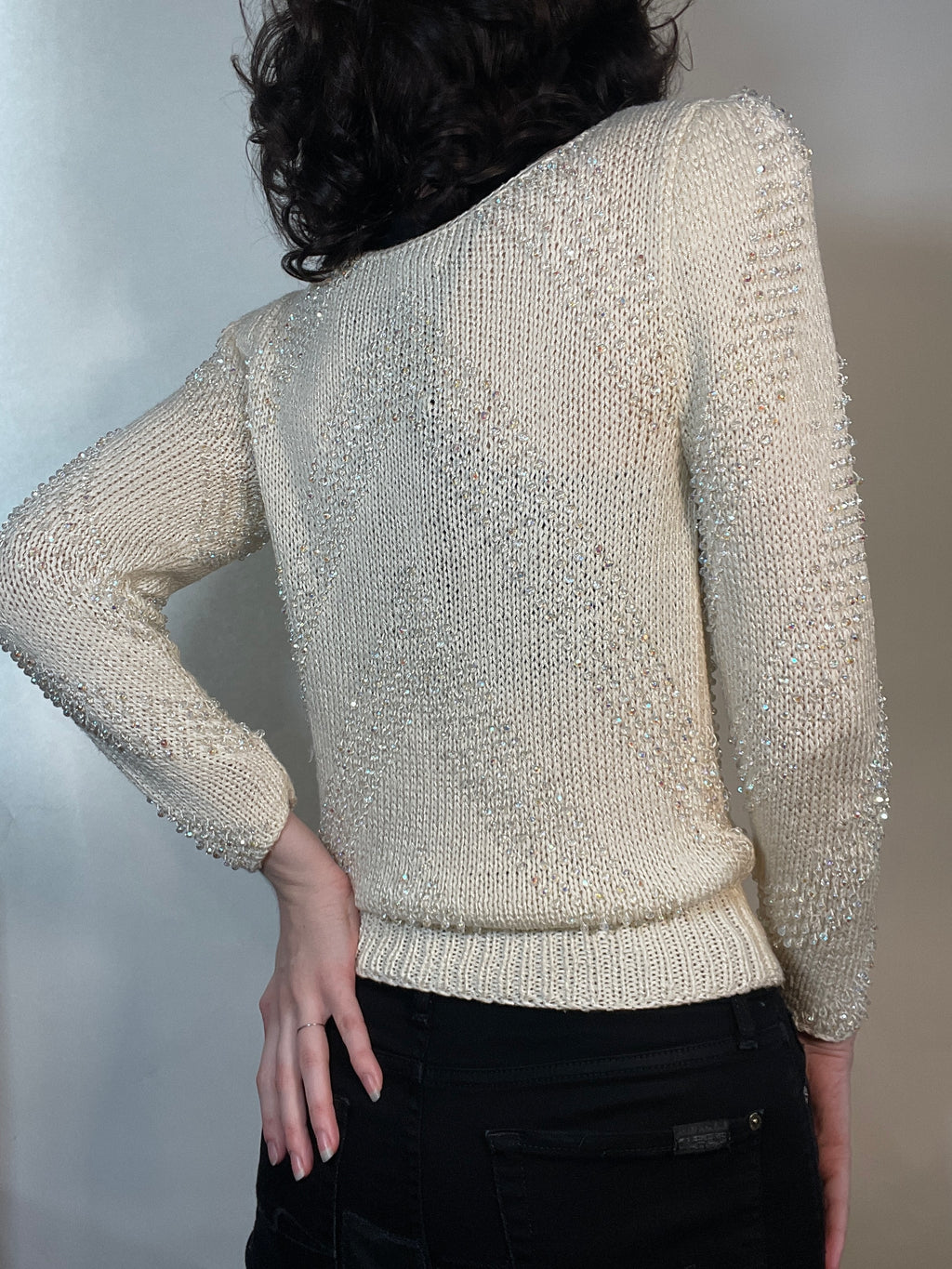 VTG 80s White Sweater W/ Clear Beads, POUF Sleeves