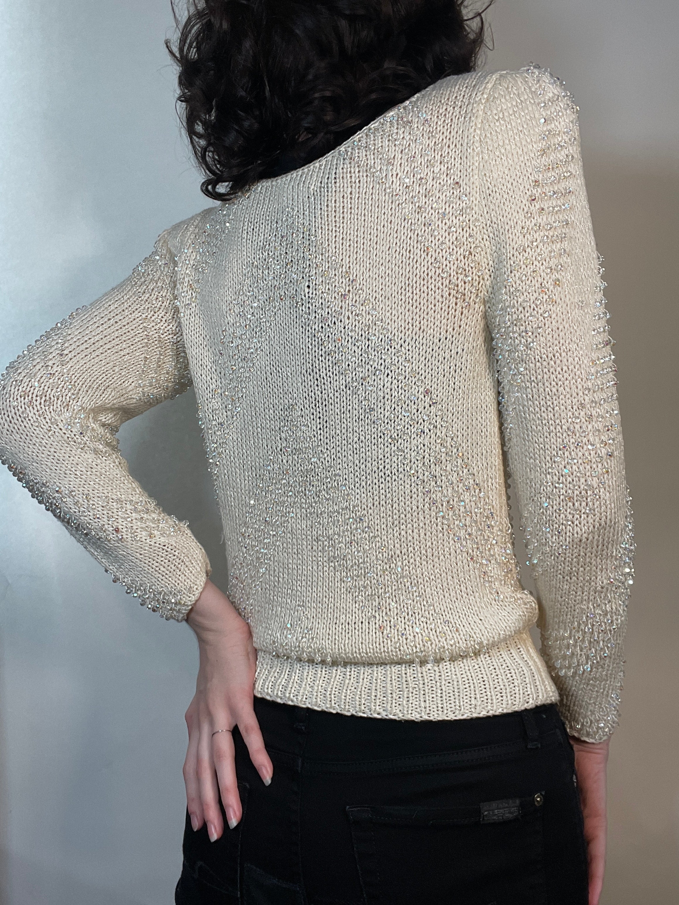 VTG 80s White Sweater W/ Clear Beads, POUF Sleeves