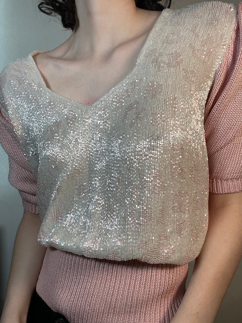 VTG 80s Beaded Pink Sweater Pouf sleeves